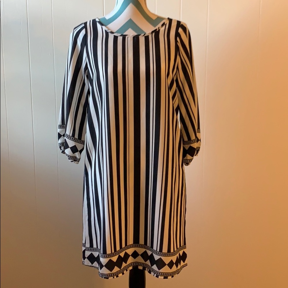 Karlie Black/White Stripe 3/4 Sleeve Dress